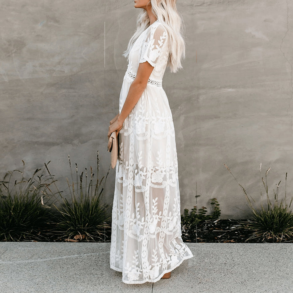 sixsr Summer Boho Women Maxi Dress Loose Embroidery White Lace long Tunic Beach Dress Vacation Holiday Women Clothing