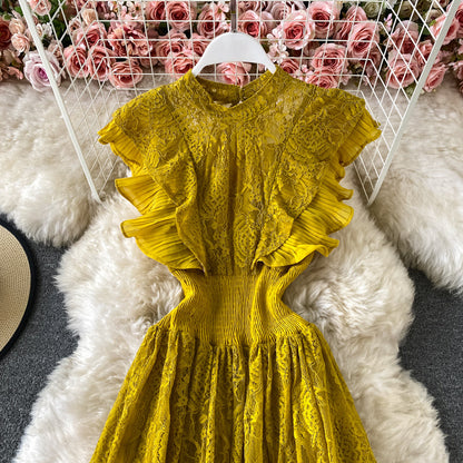 Sixsr Vintage Purple/Green/Red Lace Midi Dress Women Sweet Round Neck Ruffle Vestidos Female High Waist Slim Robe Spring Autumn