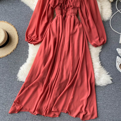 Sixsr Woherb Chic Elegant Square Collar Maxi Dress Women Solid Chiffon Puff Sleeve Dresses Korean Fashion Vintage Ruffle Vestidos