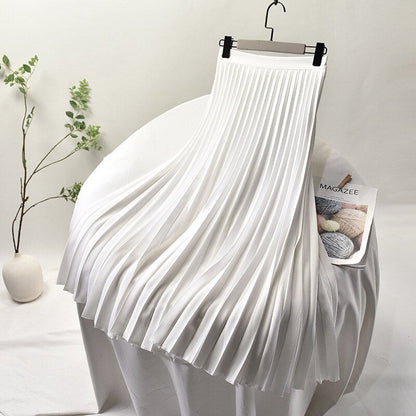 sixsr Brand Designer Women Spring Autumn Elegant Chic Solid Pleated Skirt High Waist Luxury Fashion With Elastic Female C-035