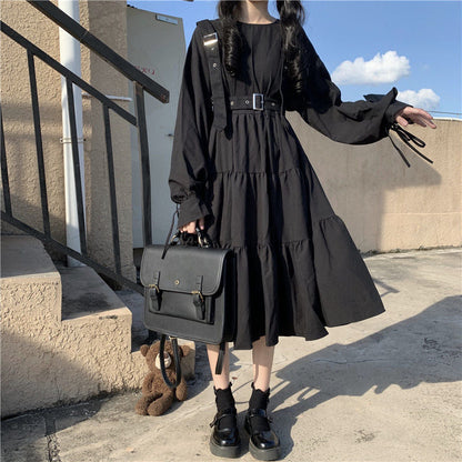 Sixsr Gothic Style Dress Women Harajuku Gothic Lolita Kawaii Dress Punk Cute Long Sleeve Black Midi Dress Emo Mall Goth