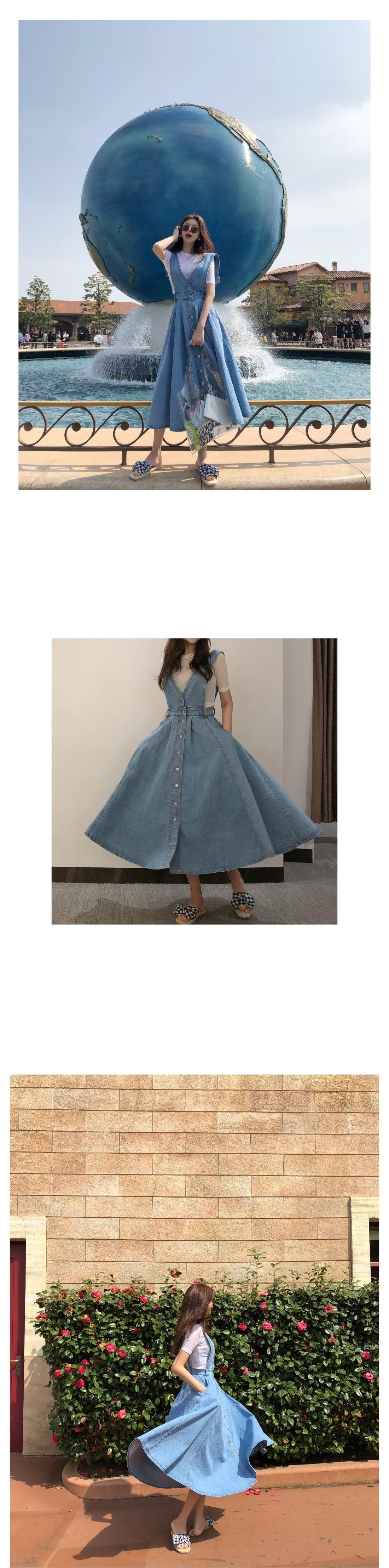 Sixsr New Denim Dress Women Fashion Solid V Neck Sleeveless Backless With Button Pocket Mid Calf Cotton Strap Dress Office Lady