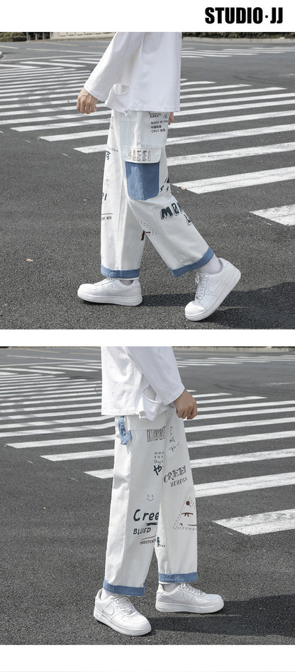 Straight Denim Jeans Men Graphic Printed Jeans 2024 Streetwear  Jeans Man Wildleg Pants Hip Hop Korean Harajuku Fashion Pants