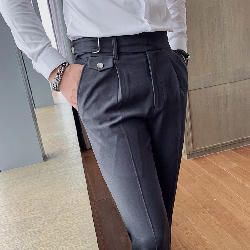 Sixsr New Design Men High Waist Trousers Solid England Business Casual Suit Pants Belt Straight Slim Fit Bottoms White Clothing