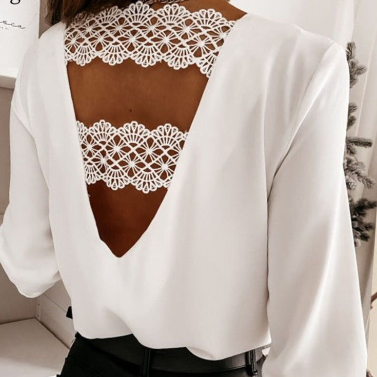 Chic Back V-shaped Hollow Lace Stitching Pullover White Blouse Fashion Sexy V-neck Autumn and Winter Long-sleeved Shirt  12460