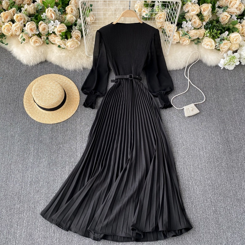 Sixsr Autumn Fashion Streetwear Long Dress Design French Pleated Maxi Dress Women Elegant O Neck Long Sleeve A-line Dress