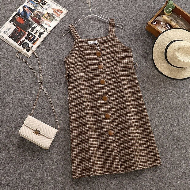 Sixsr Commuter style sweater dress sweater suit women autumn and winter new retro woolen plaid strap jumpsuit