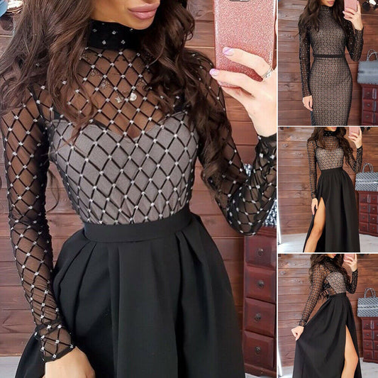 Sixsr Hot Women Transparent Bandage Bodycon Long Sleeve Party Slim Stretch Ladies Dresses Cocktail Club Long Dress Hot vestido dress