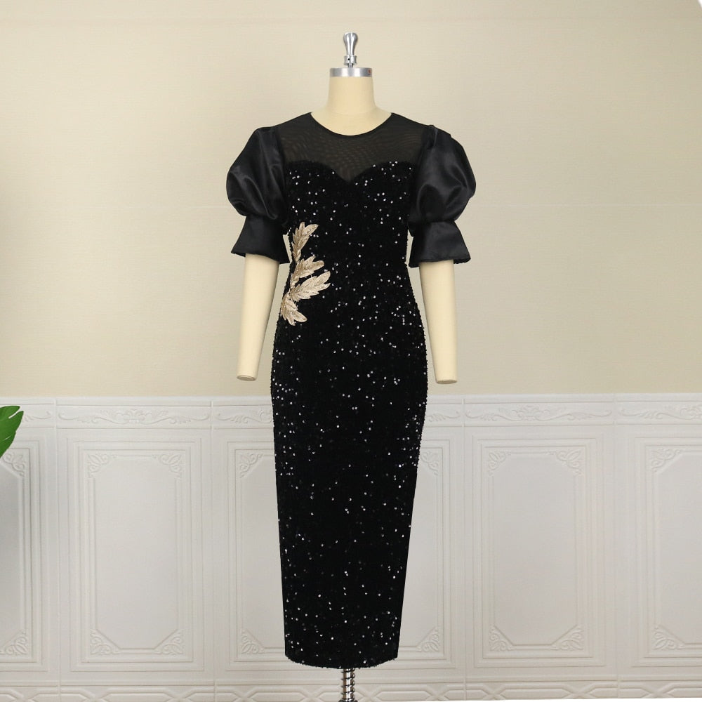 Sixsr  Womens Fashion Women Black Long Dress Sequined Shiny Glitter Embroidered Chest Wrapped Puff Sleeve Classy Winter Fall Party Celebrity Birthday