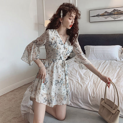 Sixsr Women Mini Dress Spring New V-neck Floral Chiffon Dress High Waist Flare Sleeve Female Dress Woman's Dress KarolyiDora KA88