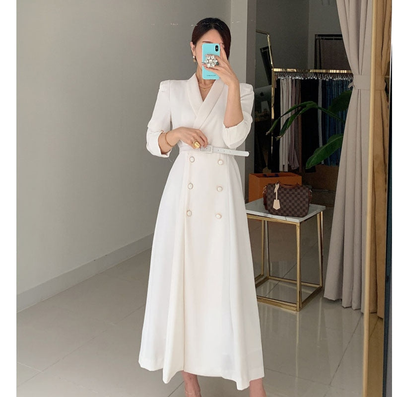 Sixsr New French Spring Elegant Double Breasted Belted Sashes Women Suit Dress Autumn Office Long Sleeve Slim Waist Female Dress