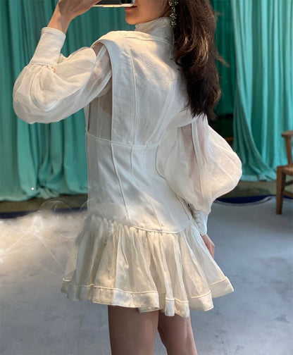 Sixsr High-end Custom Fashion runway Dresses Stereoscopic cut slender button with bubble sleeves ladies dress