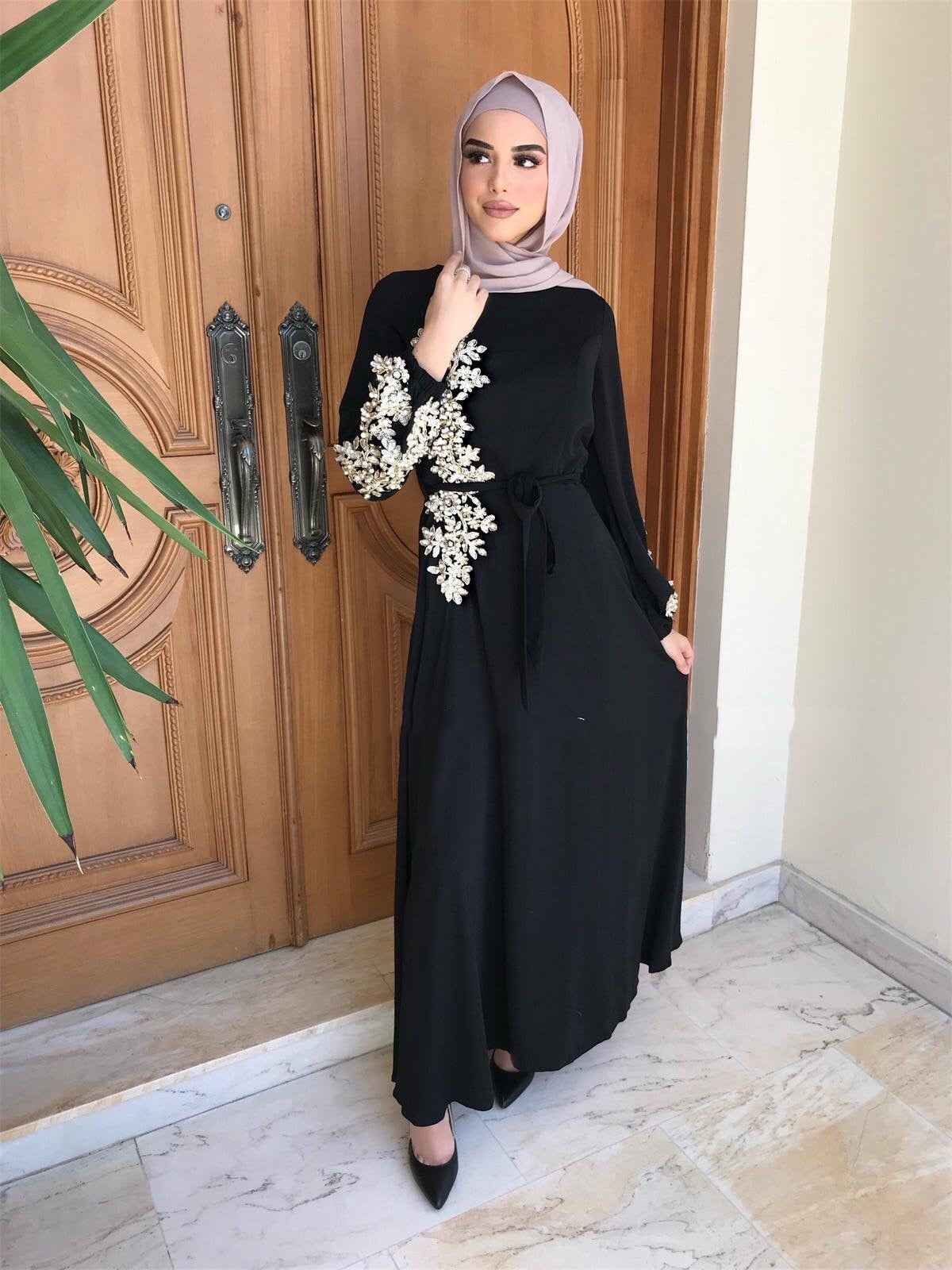 sixsr Spring Autumn Dresses for Women Embroidery Abaya Dubai Turkey Muslim Dress Evening Wedding Dress Kaftan Islamic Clothing Indian Dress Women Robe Vestidos