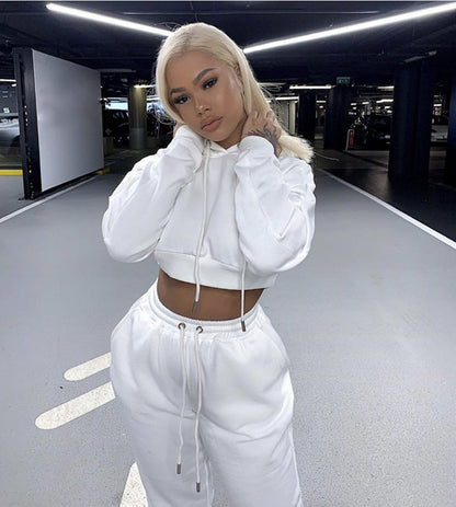 Sixsr Tracksuit Women Two Piece Set Spring Clothes Solid Hooded Fleece Sweatshirt Crop Top and Pants Sport Jogging Suit Female Outfits