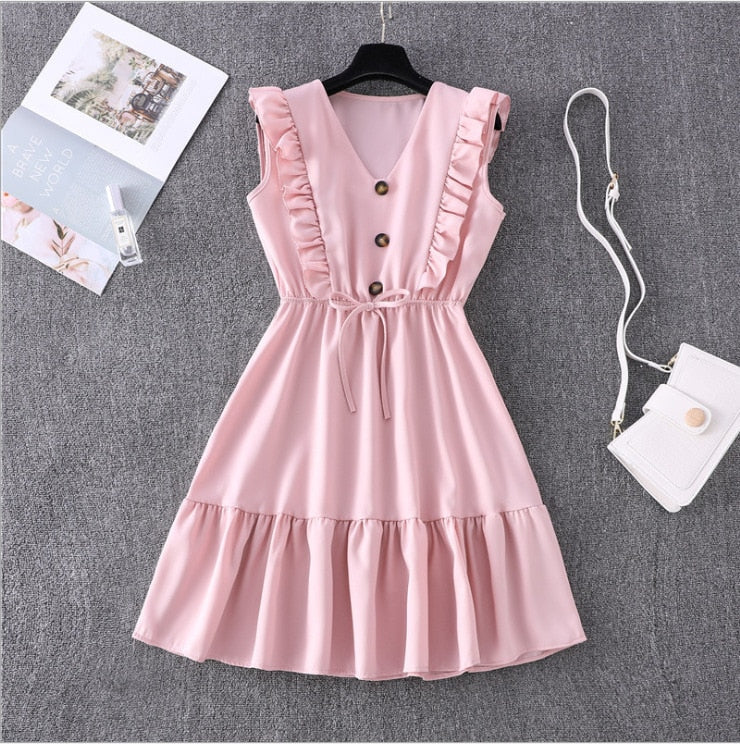 Women Summer Dress Casual Boho Beach Ruffles Mini Dress Party Sexy V-Neck High Waist Female Dresses