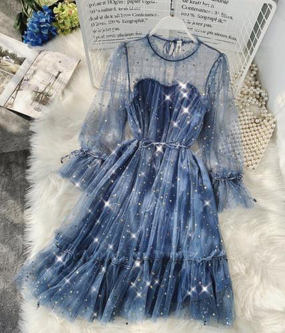 New Female O-neck Stars Sequined Mesh Shiny Fairy Dress Women Elegant Bling Gauze Princess Puff Dresses Vestidos De Fiesta