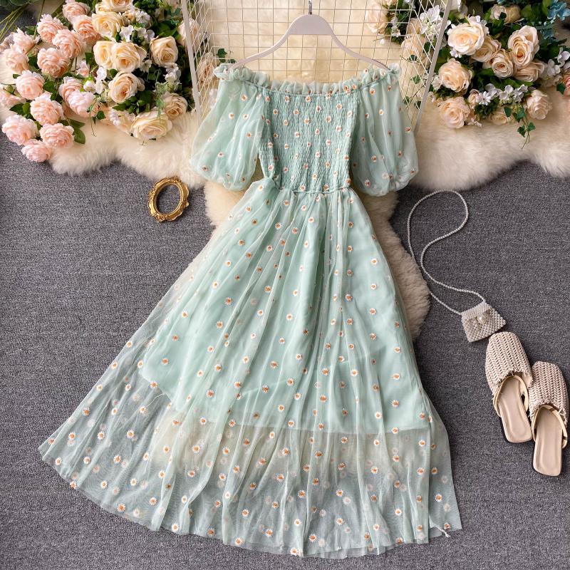 Sixsr Embroidered Off-Shoulder Dresses Fairy Chic Gentle Dress Female New Style Sweet Daisy Printed Mesh Long Floral Dress Female