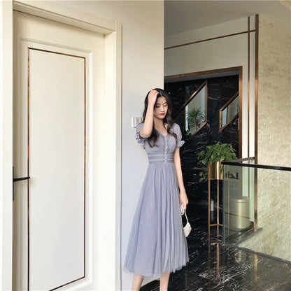 Sixsr New Summer Mesh Dress Female V-neck Short Puff Sleeve A-line Women Dress Slim Korean Style Mesh Elegant Vintage Vestidos