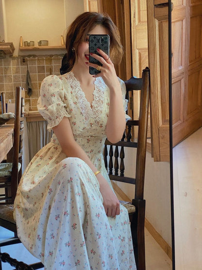 Sixsr Vintage Floral Dress Women Elegant Lace Chiffon Korean Party Dress Puff Sleeve V Neck Midi Dress Fall Dresses for Women