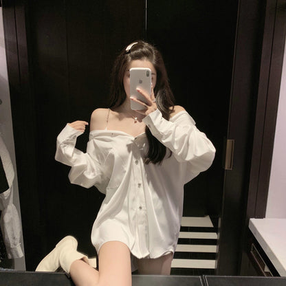 Sexy Off shoulder Top Women Button up White Shirt Long sleeve Chiffon Blouse With Chain Ladies Office Casual