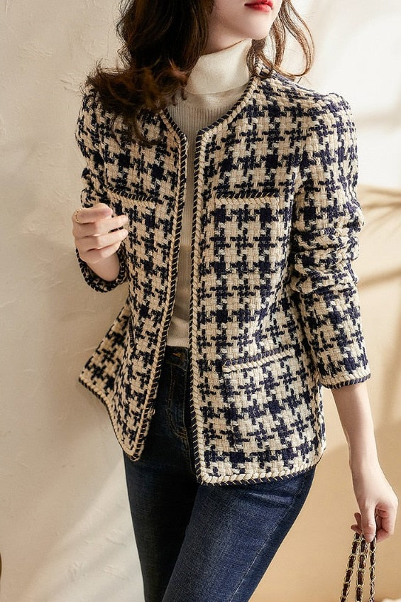 Sixsr Spring Korean small fragrance jacket women's short winter and autumn French ladies all-match houndstooth woven tweed coat jackets