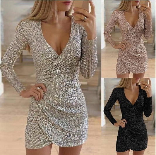 Sixsr New Sexy Women Dress Sequins Glitter Women V-neck Long Sleeve Self Cultivation Dresses Elegant Ladies Party Dress