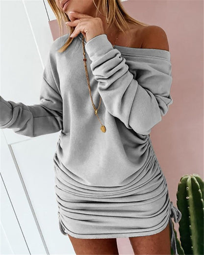 Sixsr Women Sexy Mini Dress Casual Ruffled Drawstring Solid Pencil Dress Autumn Long Sleeve Off Shoulder Pullovers Ladies Slim Dress
