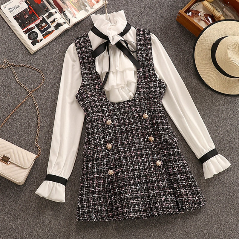 Autumn Winter 2 Piece Set Overalls Dress Women Elegant Ruffles Chiffon Bow Shirt Top+Double Breasted Plaid Tweed Vest Dress