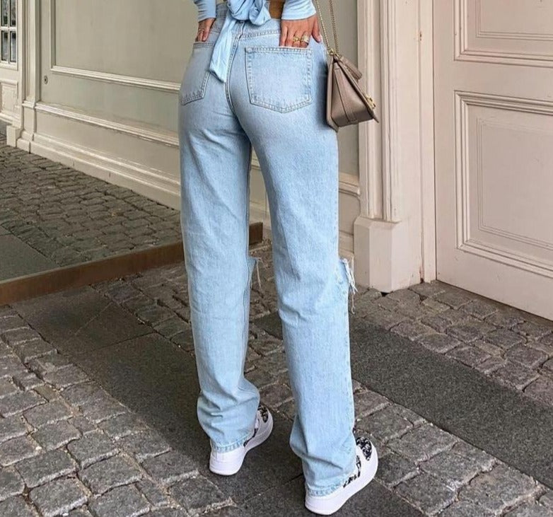 Womens Loose Fit Jeans Ripped Wide Leg For Women High Waist Blue Wash Casual Cotton Denim Trousers Summer Baggy Jean Pants