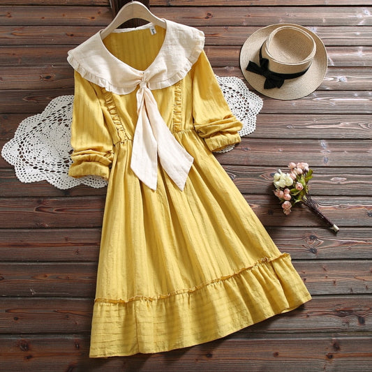 Sixsr Spring autumn japan style cute kawaii solid dress new design peter pan collar women raffles causal dress
