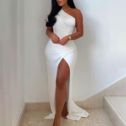 Sixsr New Summer Elegant Solid One Shoulder High Split Thigh Ruched Maxi Floor Dress White Sexy Corset Asymmetric Party Robes Female