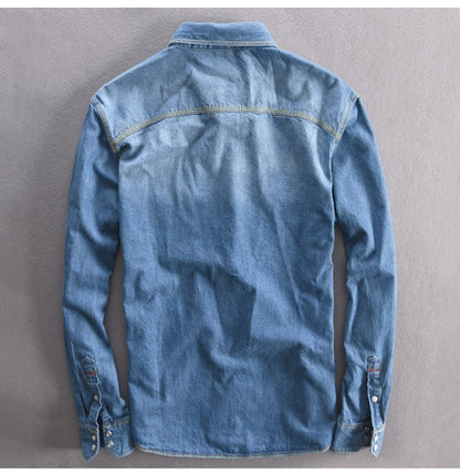 Men's long-sleeved solid denim shirt fashion brand Classic retro denim Pocket decoration Business shirt Spring and Autumn Tops