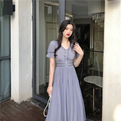 Sixsr New Summer Mesh Dress Female V-neck Short Puff Sleeve A-line Women Dress Slim Korean Style Mesh Elegant Vintage Vestidos