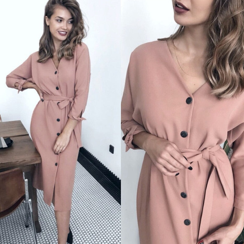 Sexy v Neck Autumn Long Sleeve Women Dress Ladies Sashes Button Casual Office Dress New Fashion Women Midi Dress Vintage