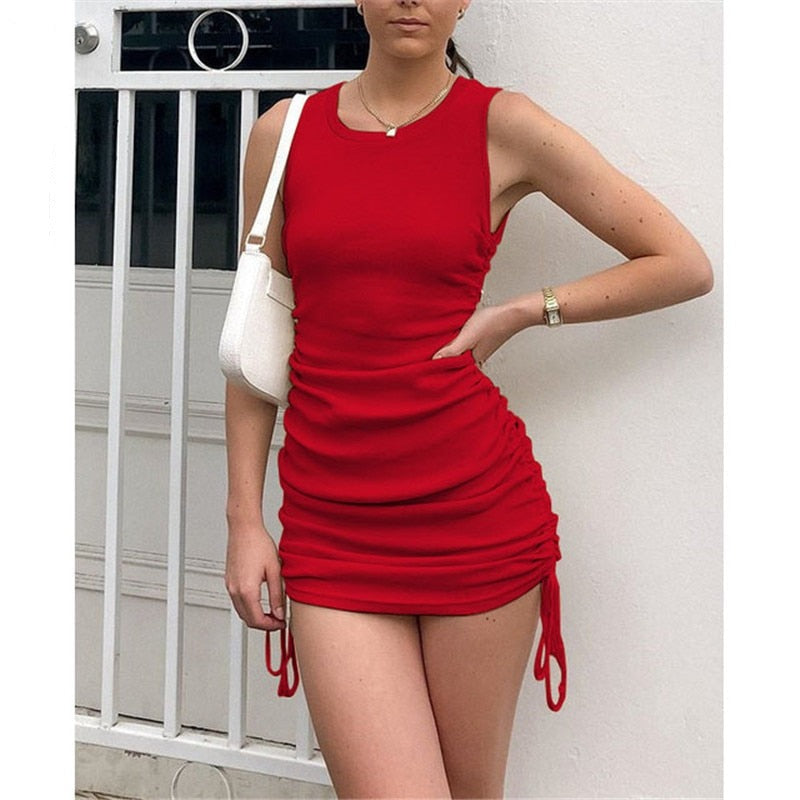 Sixsr Cotton Ruched Drawstring Sexy Party Dress Women Sleeveless Elastic Mini Dress Vintage Summer Bodycon Club Wear Vestidos