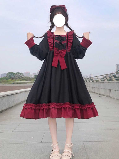 Sixsr Japanese Harajuku Gothic Bandage Bow Splice Dress Sweet Lolita Girl Cosplay Dress Kawaii Ruffles Bow Women Party Dress