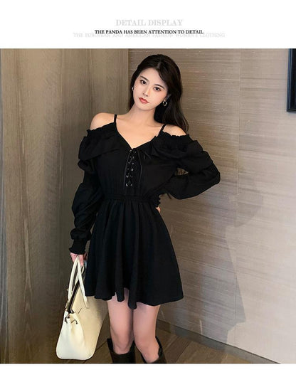 Sixsr Gothic Black Dress Women Casual Button Lace Evening Party Sexy Mini Dress Female Long Sleeve One-piece Dress Korean Autumn