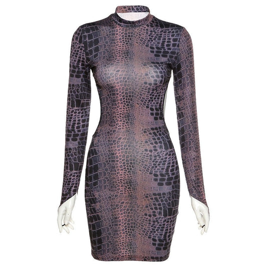 Sixsr Sexy Backless Serpentine Print Mini Bodycon Dress Women Fall Chic Package Hip Streetwear Female Casual Party Club Clothes