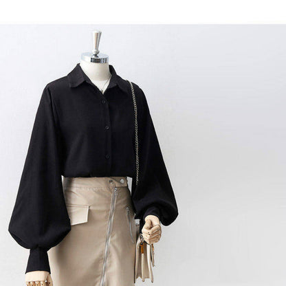 Sixsr Lantern Sleeves Vintage Shirts Women Elegant White Womens Blouse with Lush Sleeves  Fashion Button Up Shirt Black