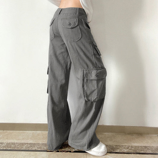 Sixsr Fashion Women's Jeans Y2K High Street Waist Denim Trousers Drawstring Waist Flap Pocket  Baggy Jeans Loose Women's Classic Pants