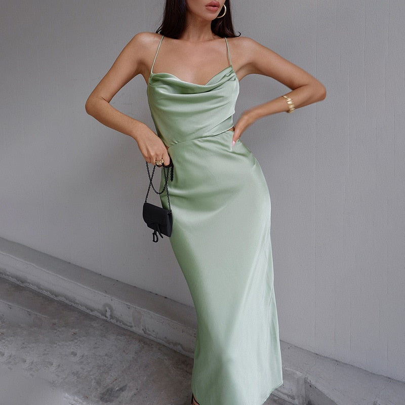 Sixsr Purple Satin Midi Dress Summer Women Sexy Backless Sleeveless Pile Collar Spaghetti Strap Bandage Dress Woman Party Long Dresses