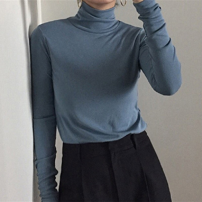 Sixsr harajuku Solid Bottoming t Shirt Women Spring Autumn Tee Shirts Korean Turtleneck Slim Long Sleeve Black White T-shirts 90s tops