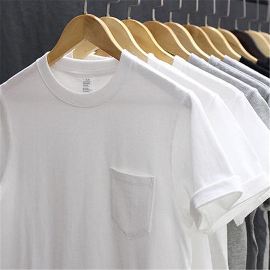 Sixsr 260g Heavy Weight Men's T-Shirt Summer Retro Simple Handsome Chic Casual Soft Solid Color Cotton Pocket Short Sleeve O-Neck Tees