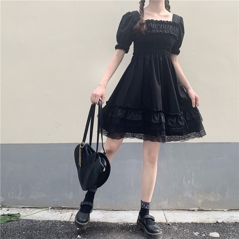 Sixsr Japanese Lolita Style Women Princess Black Mini Dress Slash Neck High Waist Gothic Dress Puff Sleeve Lace Ruffles Party Dresses