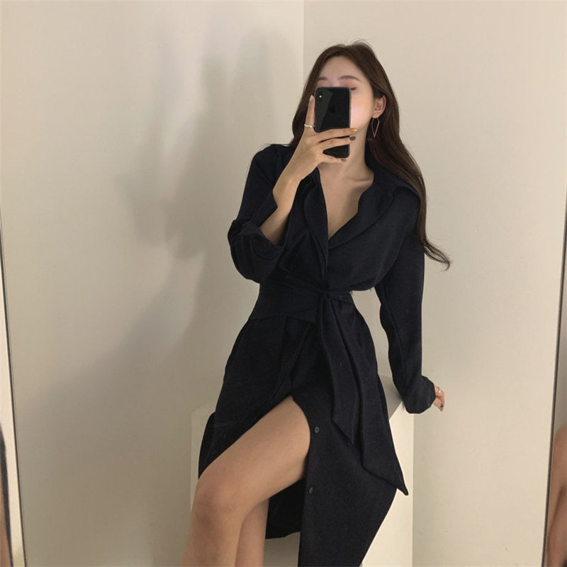 OL Gentle Minimalist Autumn Work Wear Lapel Elegant Lace Up Solid Brief Sexy Chic Loose Dresses Female Vestidos