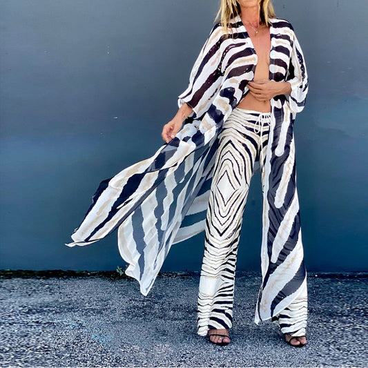 sixsr  Hot Sale Newest Fashion Beach Women Veil Tops Loose Casual Striped Print Short Sleeve Clothing Female Long Blouse Summer Streetwear