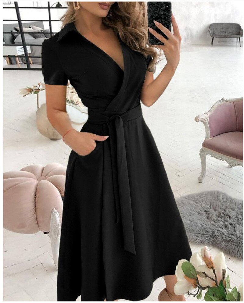 Sixsr Spring and Summer Fashion New Party Dress Short-sleeved V-neck Retro Dress with Printed Belt