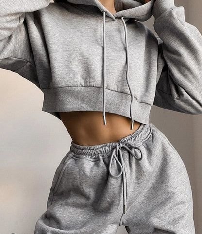 Sixsr Tracksuit Women Two Piece Set Spring Clothes Solid Hooded Fleece Sweatshirt Crop Top and Pants Sport Jogging Suit Female Outfits