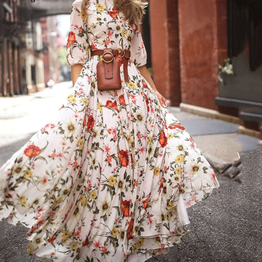 Sixsr  Vintage Women Floral Printing O-Neck Sweet Long Party Dress Summer Three Quarter Sleeve Ladies Dress Fashion Elegant Streetwear