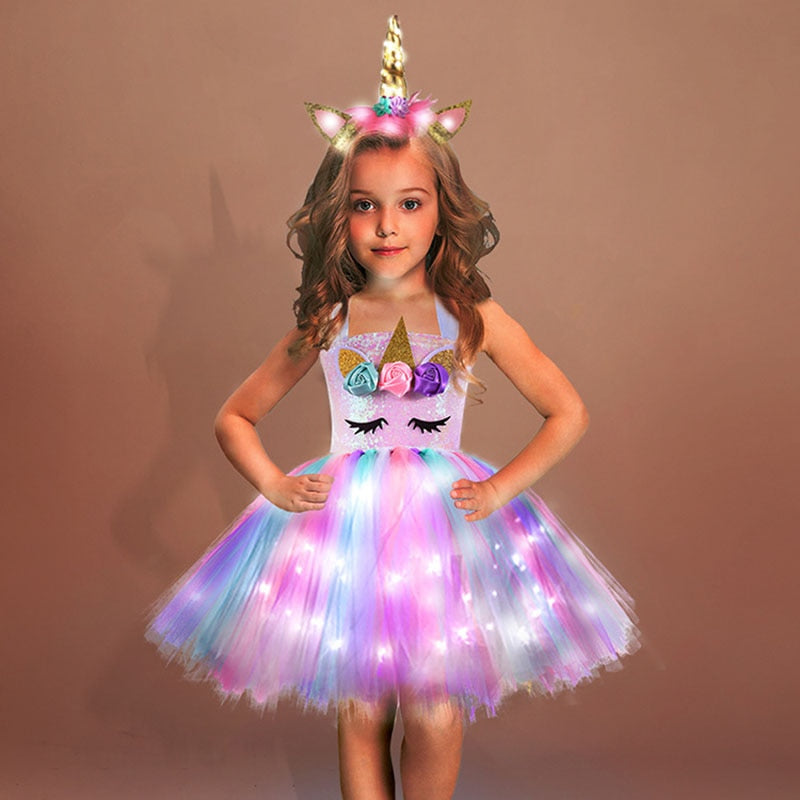 Sixsr Girls Shiny Unicorn TUT Dress Glowing Kids Unicorn Dresses For Girls Hallowmas Party Princess Dress Children Clothing vestidos